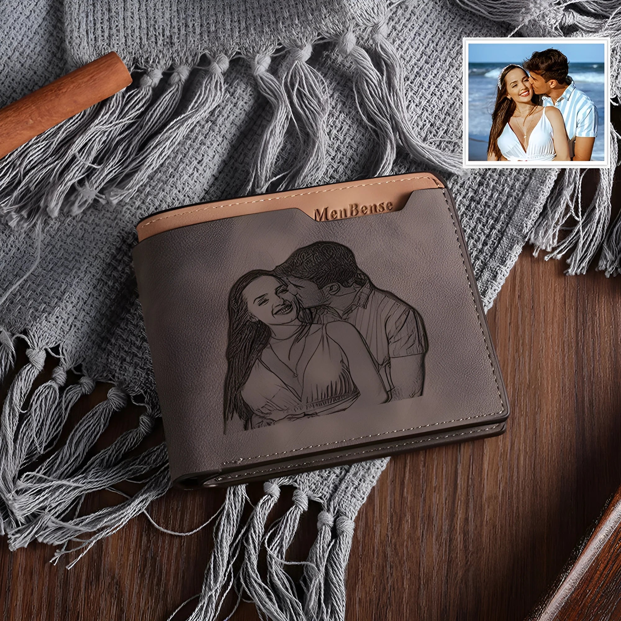 Coffee coloured engraved horizontal short wallet measuring 120x99mm with custom text or photo personalisation