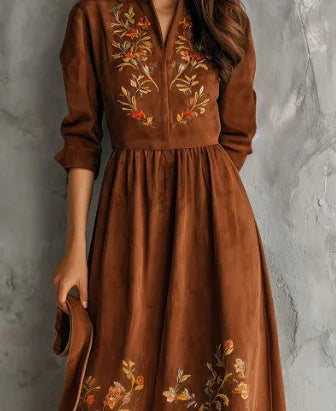 Brown polyester midi dress with vintage floral embroidery, shown in a leisure style cut.