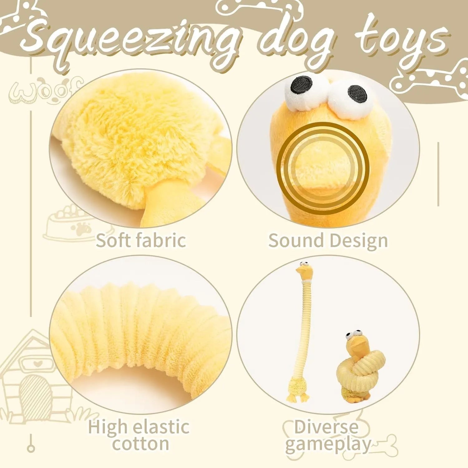 Plush stuffed squeaky crinkle dog toy in brown, gray or yellow colours for small medium large dogs