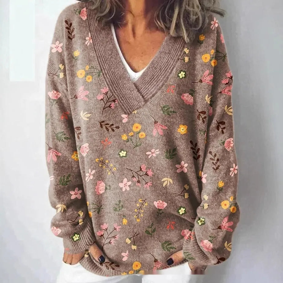 Women's long sleeve V-neck sweatshirt with a printed 3D floral pattern in retro style.
