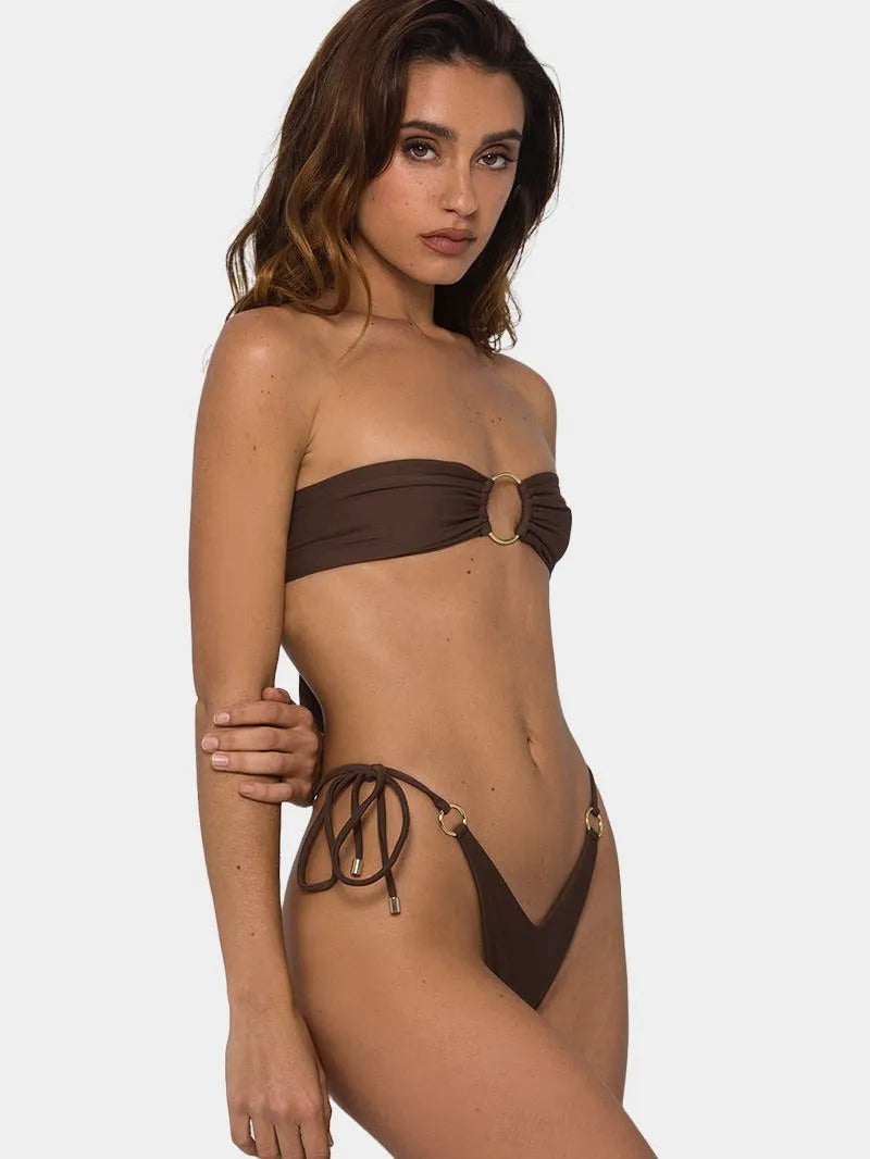 Brown tube top split bikini swimsuit with ring-tether detailing and push-up design