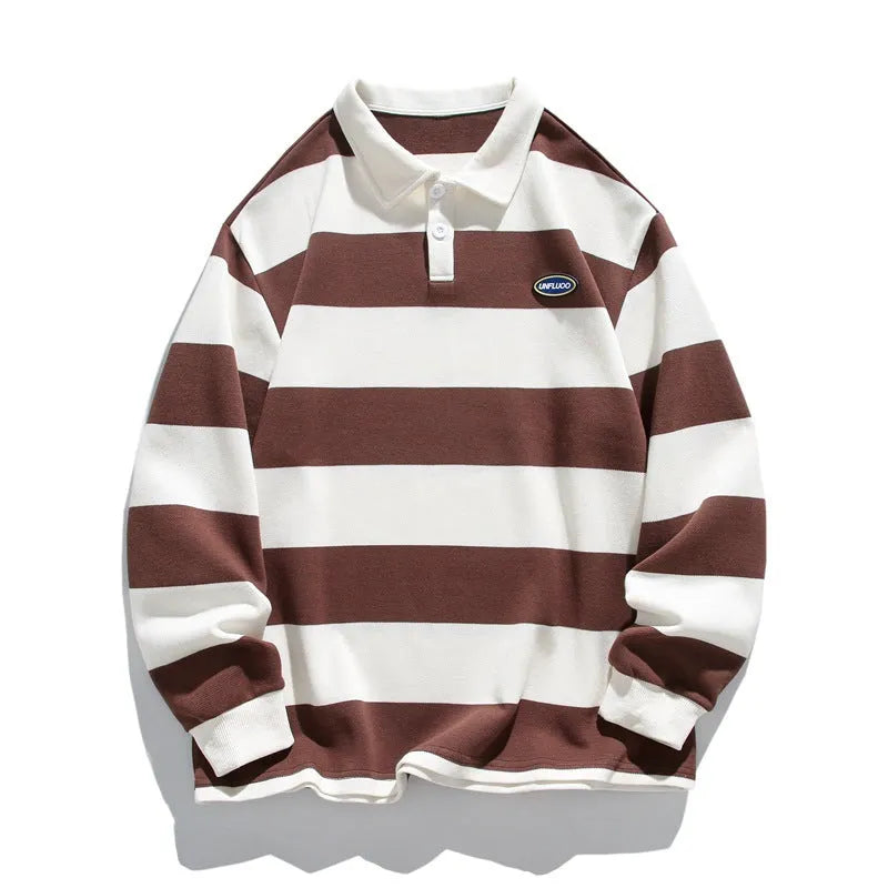 Hong Kong style pearl cotton polo shirt with lapel collar in striped loose fit design