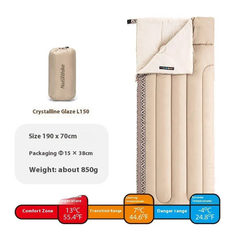 Four seasons portable camping sleeping bag showing Jiangnan spring colour with storage bag