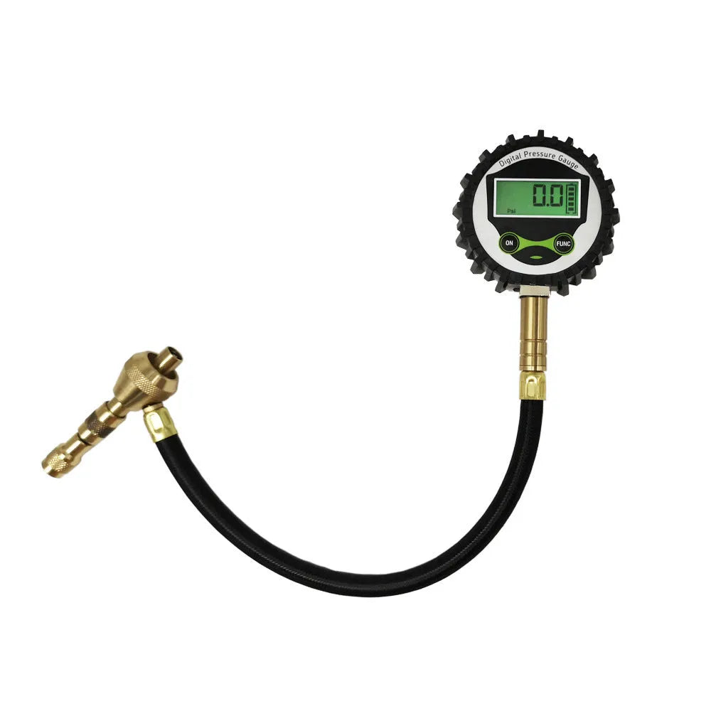 A red mechanical tyre pressure gauge with a metal body and rubber shell, designed for SUVs and off-road vehicles.