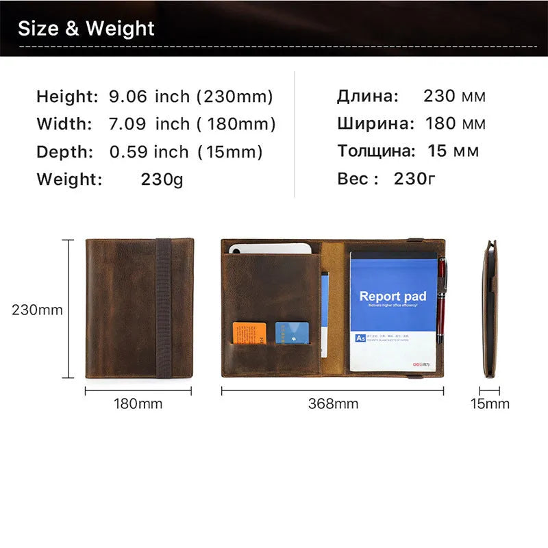 Brown Crazy Horse leather protective sleeve for an A5 notebook, showing square shape and multi-pocket design.