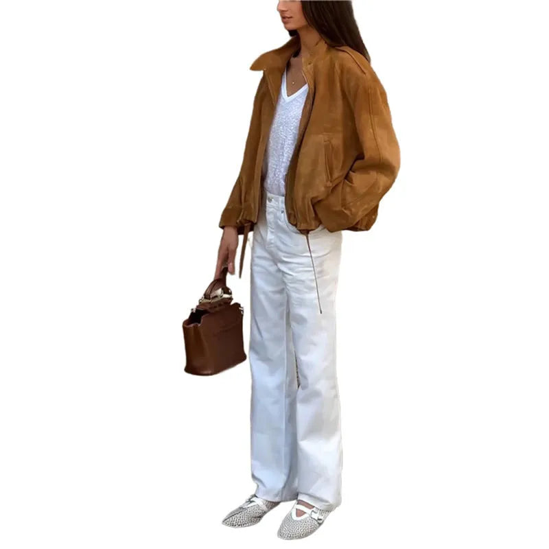 European and American retro style loose fit solid colour polyester jacket with long sleeves.