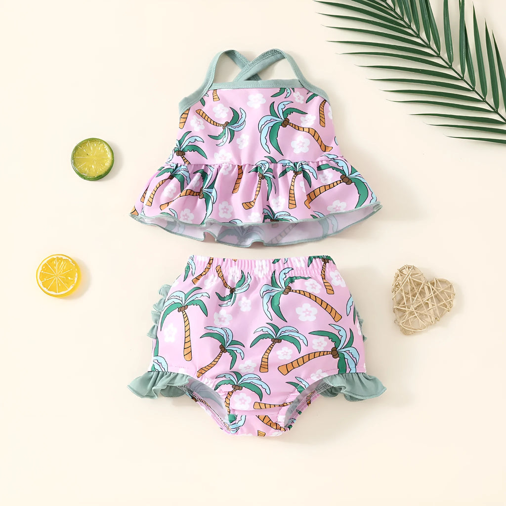 White sweet style girls' two-piece swimsuit set with shirt top and beach shorts on a hanger.