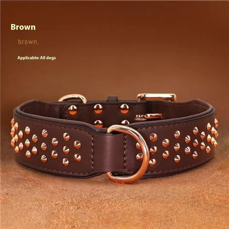 Leather dog collar with metal rivets in black, chocolate, or pink colour, shown in L and XL sizes.