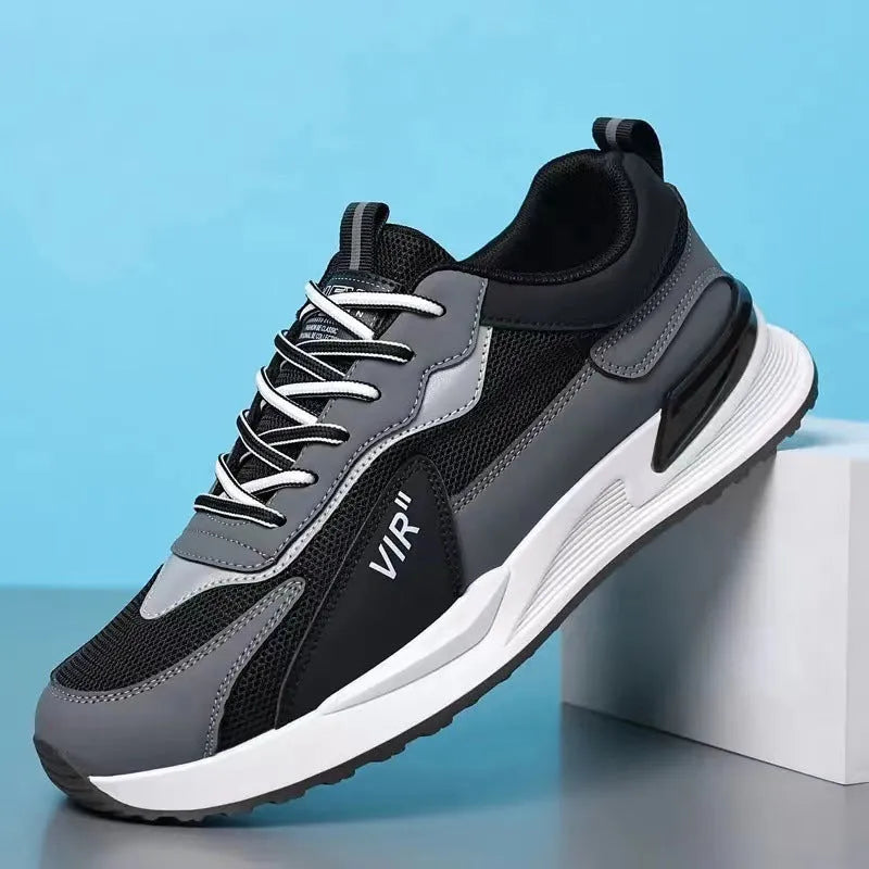 Men's colour block mesh sneakers with lace-up design in black, grey, and white colour options
