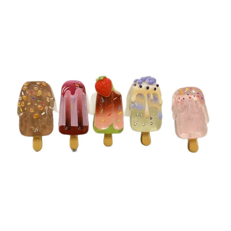 Resin hair barrette featuring a cartoon ice cream design in pink, red, coffee, purple, and beige colour options.