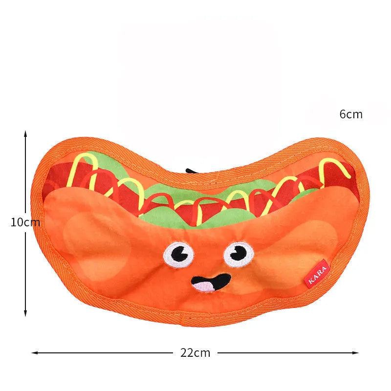 Hamburger-shaped dog toy with bright colours featuring crinkle and squeak sounds for interactive play
