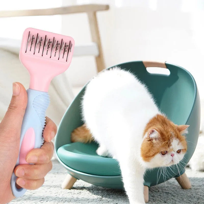 Pink stainless steel pet grooming comb with knot knife on a 170mm long handle.