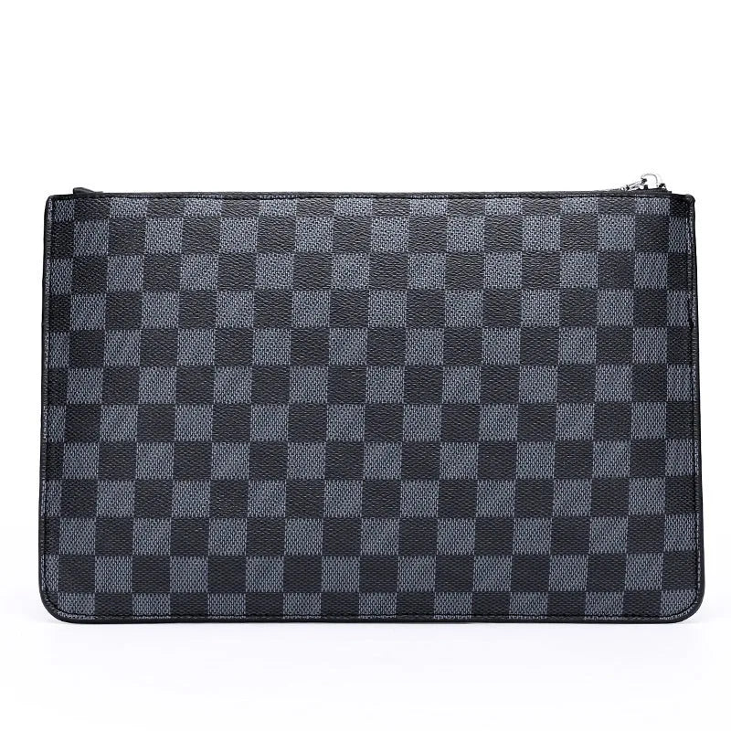 Soft black PU leather men's clutch wallet open to show six card slots, bill compartment, and zipper pocket.