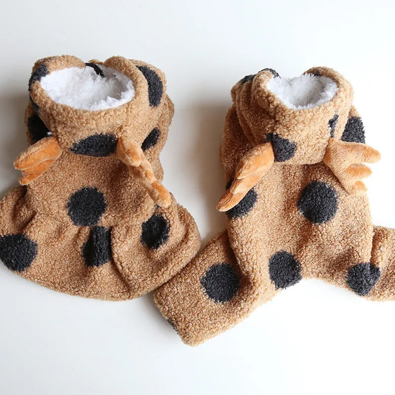 Polka dot pet clothing with elk couple design for dogs and cats in skirt and four-leg styles