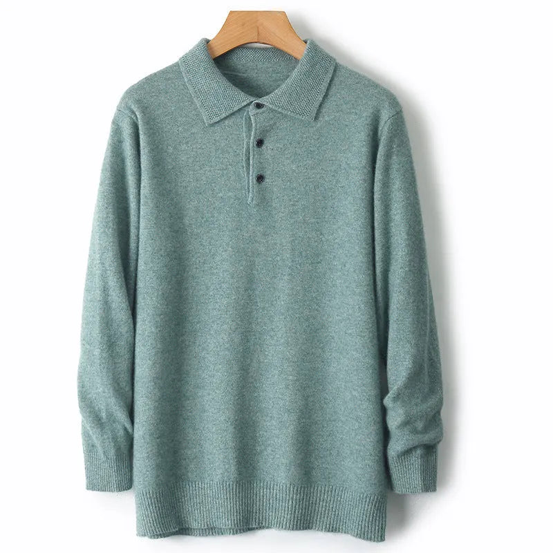 Men's woolen polo collar pullover sweater in noble blue colour on a hanger.