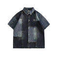 Blue men's denim shirt with Japanese retro washed stitching and cardigan-style design