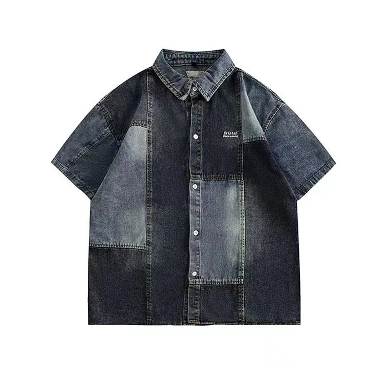 Blue men's denim shirt with Japanese retro washed stitching and cardigan-style design