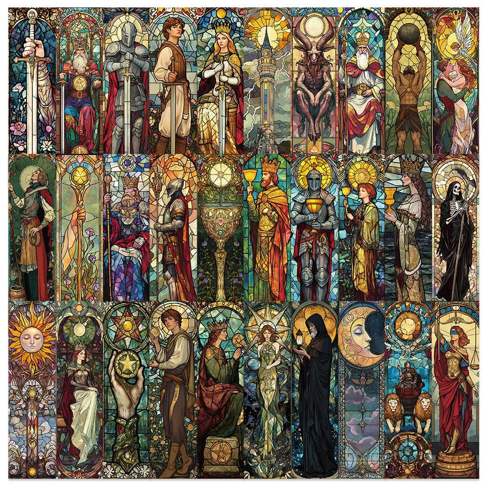 Set of 30 paper bookmarks with painted glass tarot card designs in a cute style.