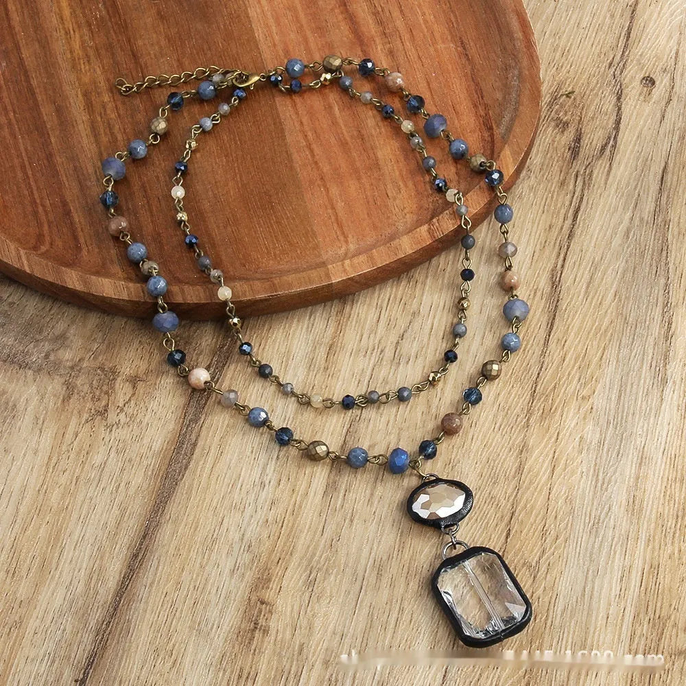 Tribal style two-layer chain necklace with natural stone and glass pendant