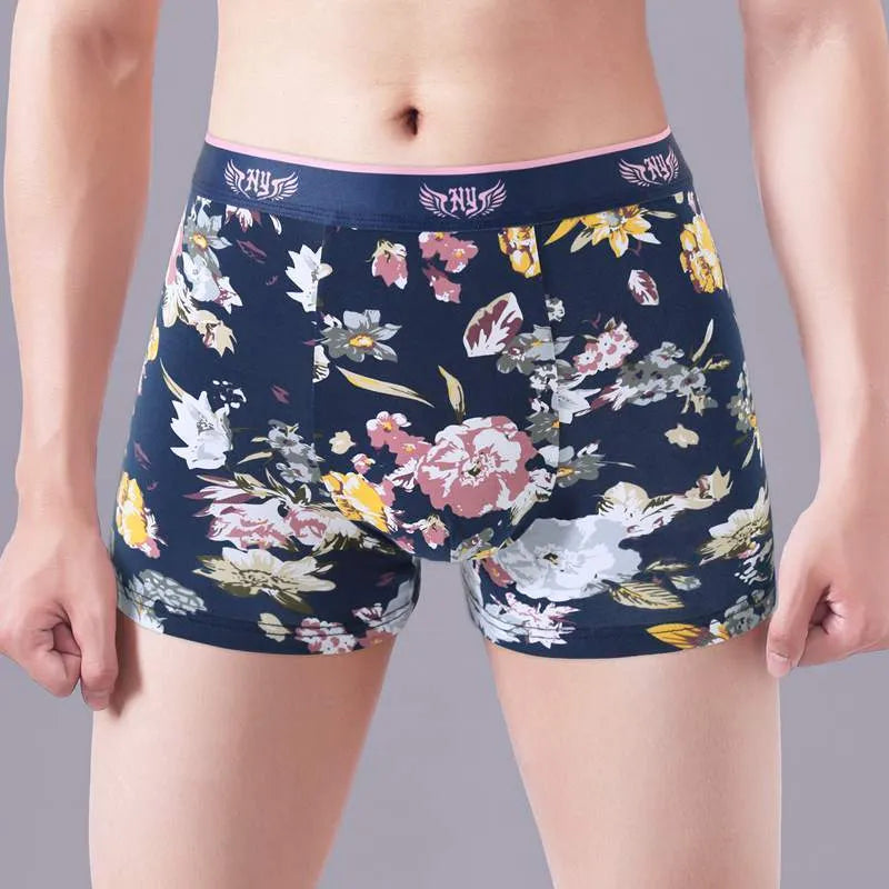 Men's cotton boxer briefs with a U-shaped front design in a floral pattern colour.