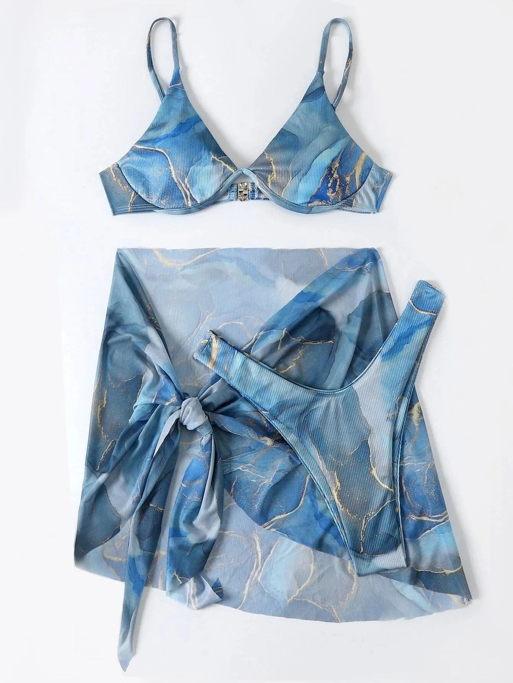 Marble printed three-piece bikini swimwear set with skirt, bra, and panties in multiple colour options