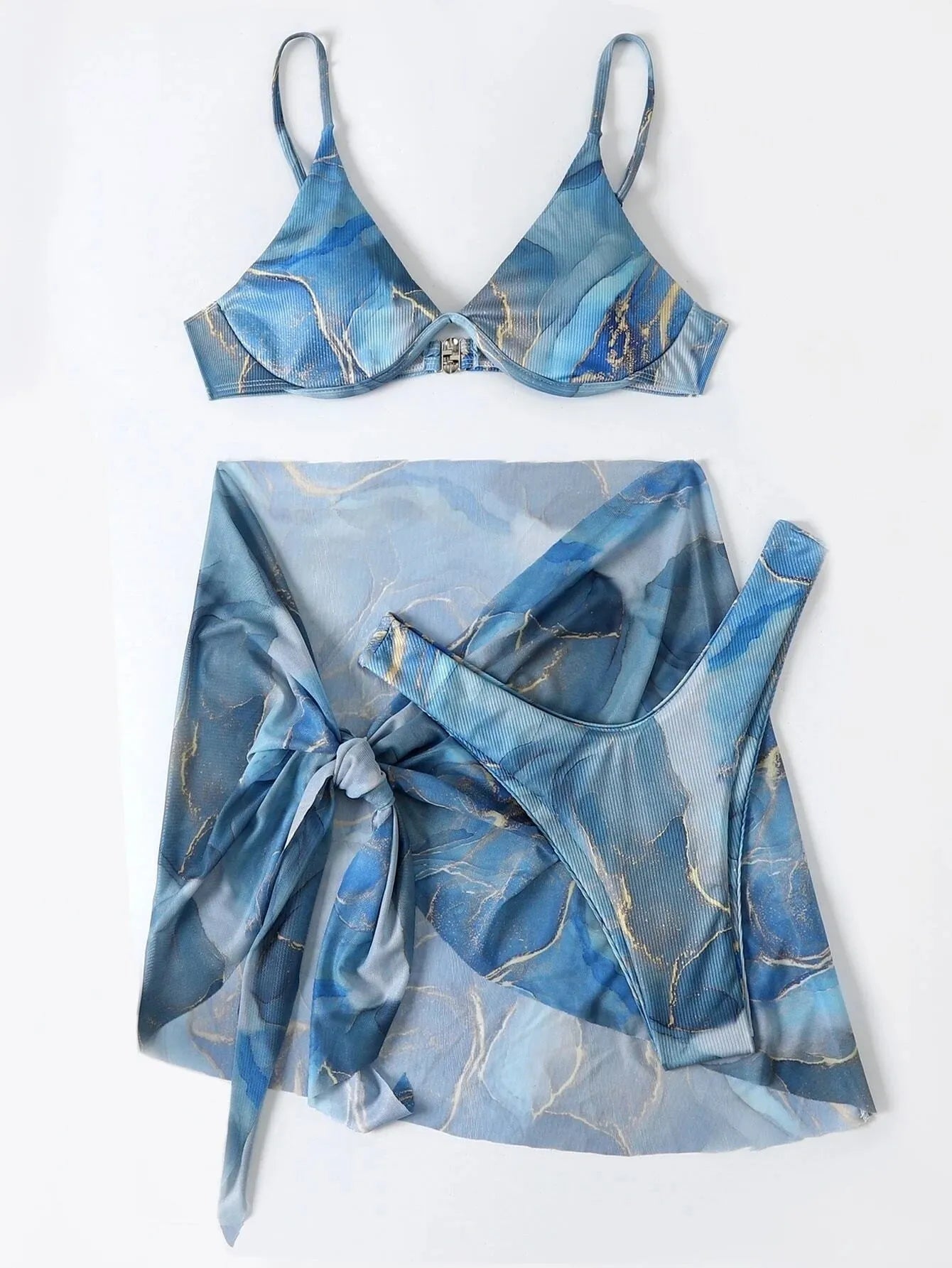 Marble printed three-piece bikini swimwear set with skirt, bra, and panties in multiple colour options