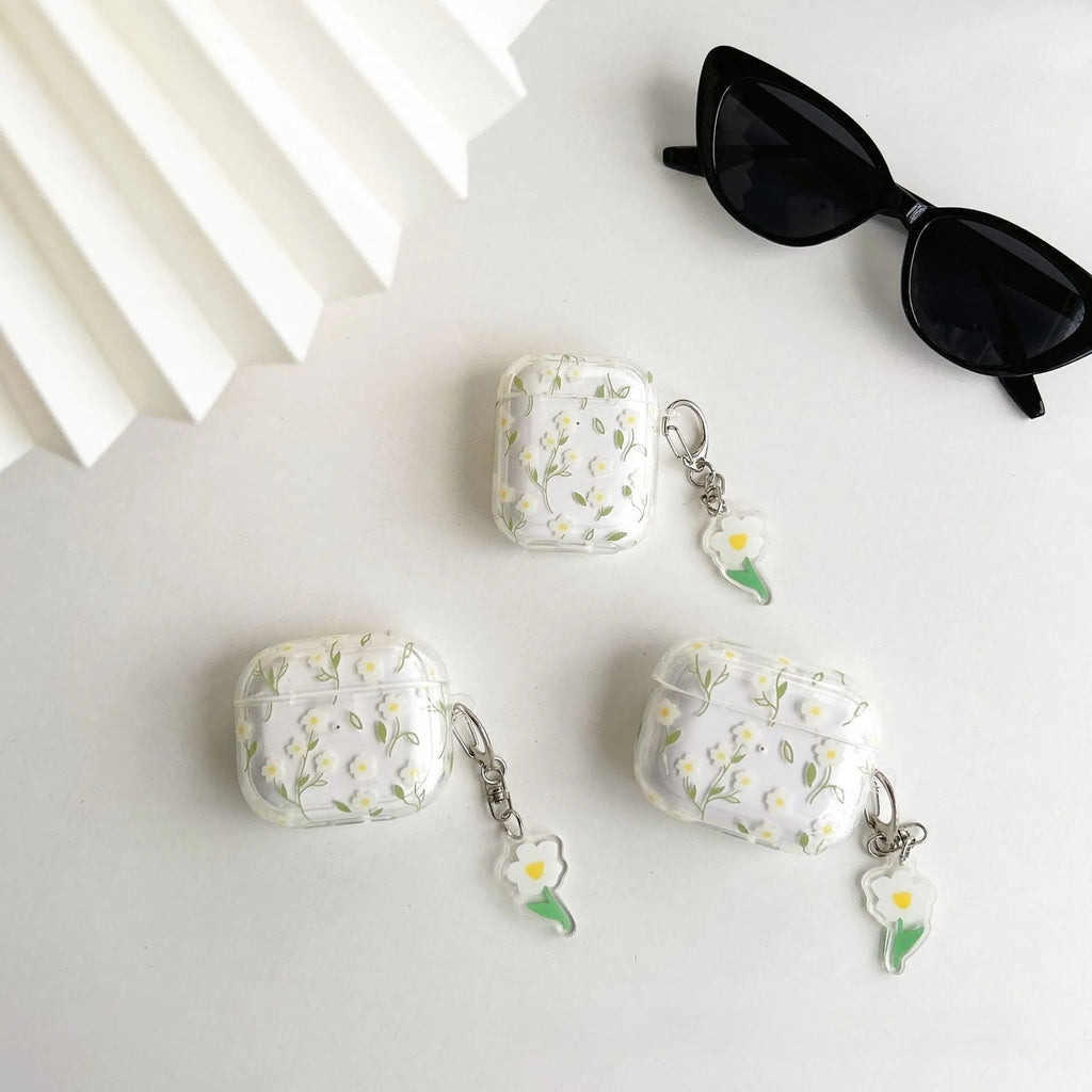 White floral transparent TPU protective case for Apple AirPods charging case.