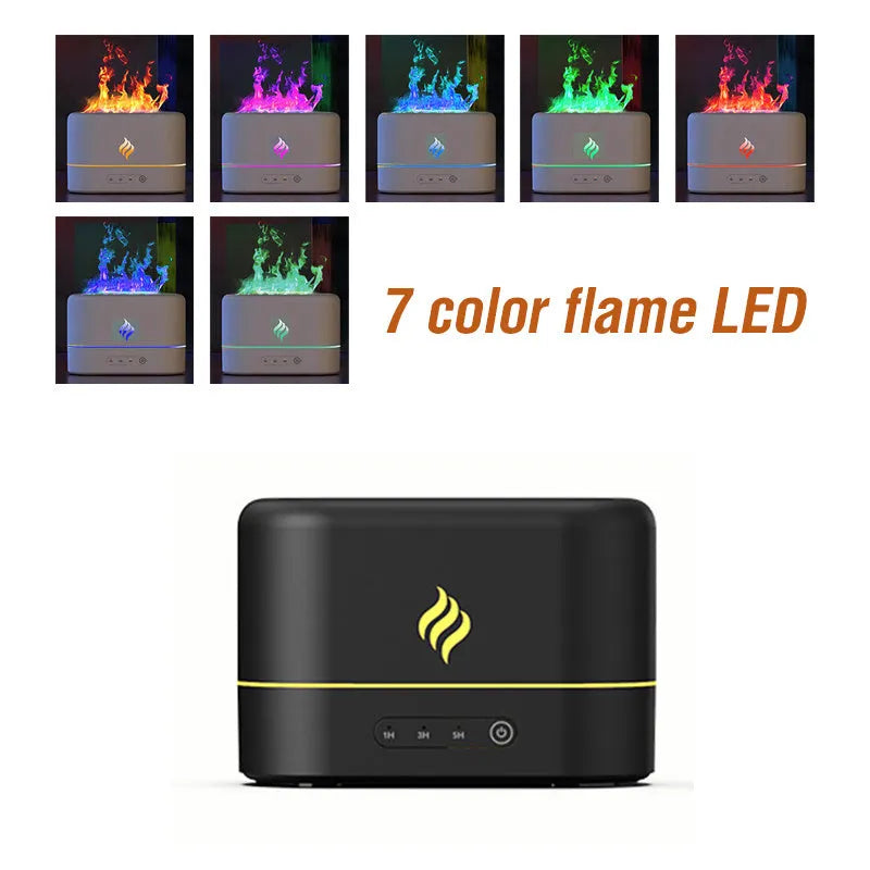 USB-powered aroma humidifier with seven-colour simulated flame effect showing black plastic finish