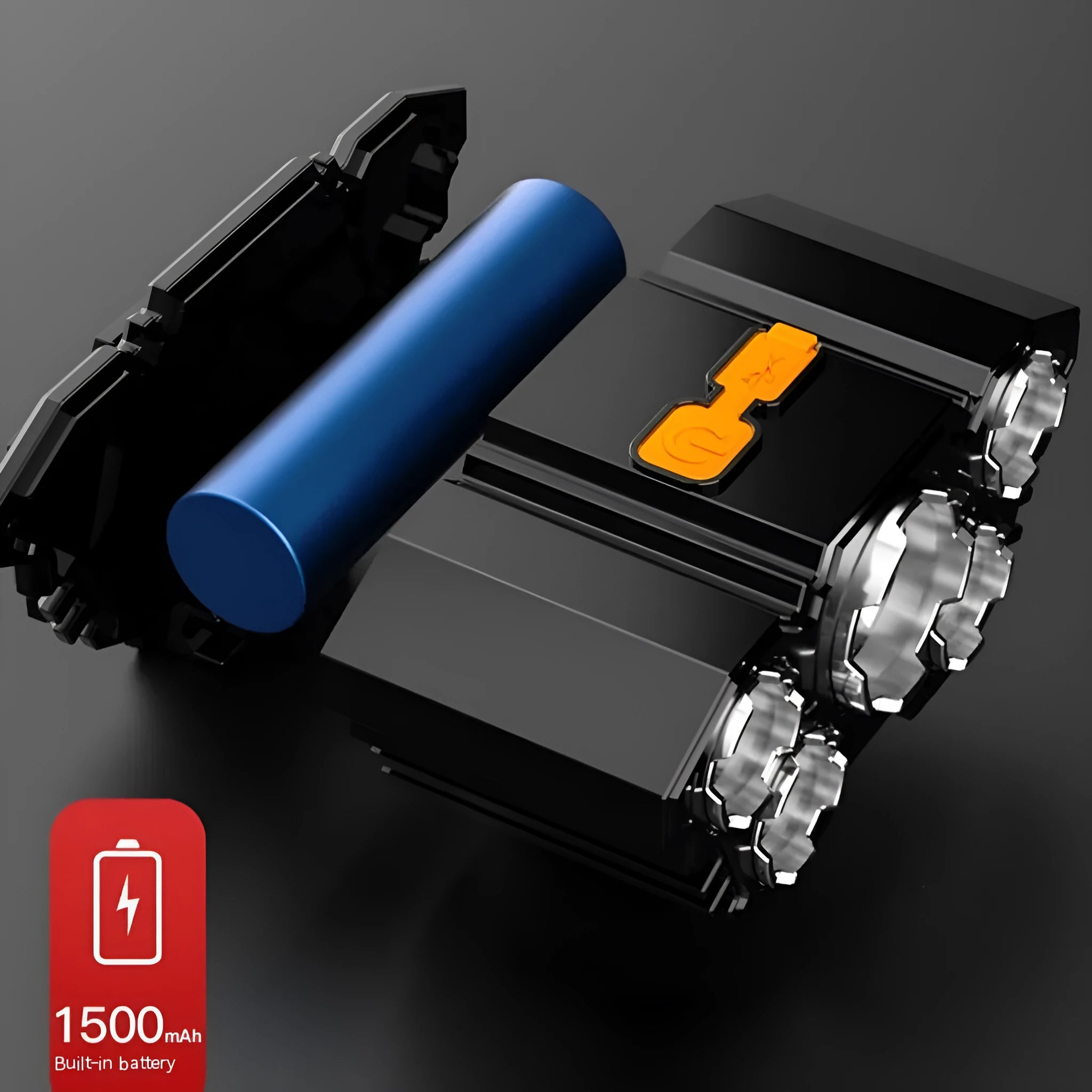 10W LED miner's headlamp with head strap, shown with data cable and storage box.