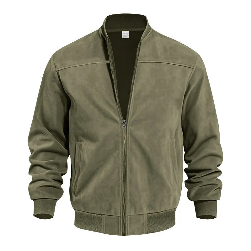Man wearing a men's plus size suede casual jacket in army green with a zipper front.