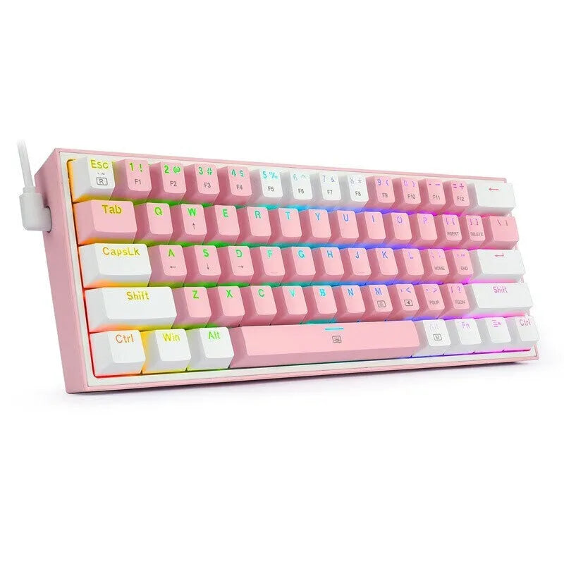 White and pink wired mechanical keyboard with RGB backlighting on dual keycaps.