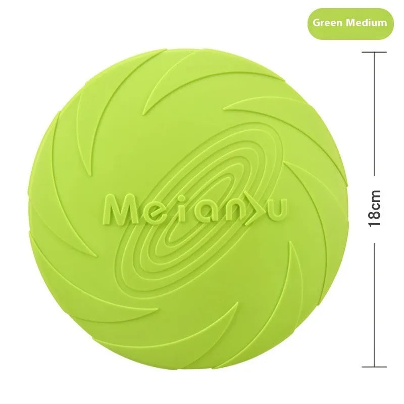 Soft rubber dog frisbee in red, blue and green colour options showing small, medium and large size variations