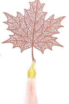 Brass metal bookmark with hollow leaf pattern design and rose gold tassel