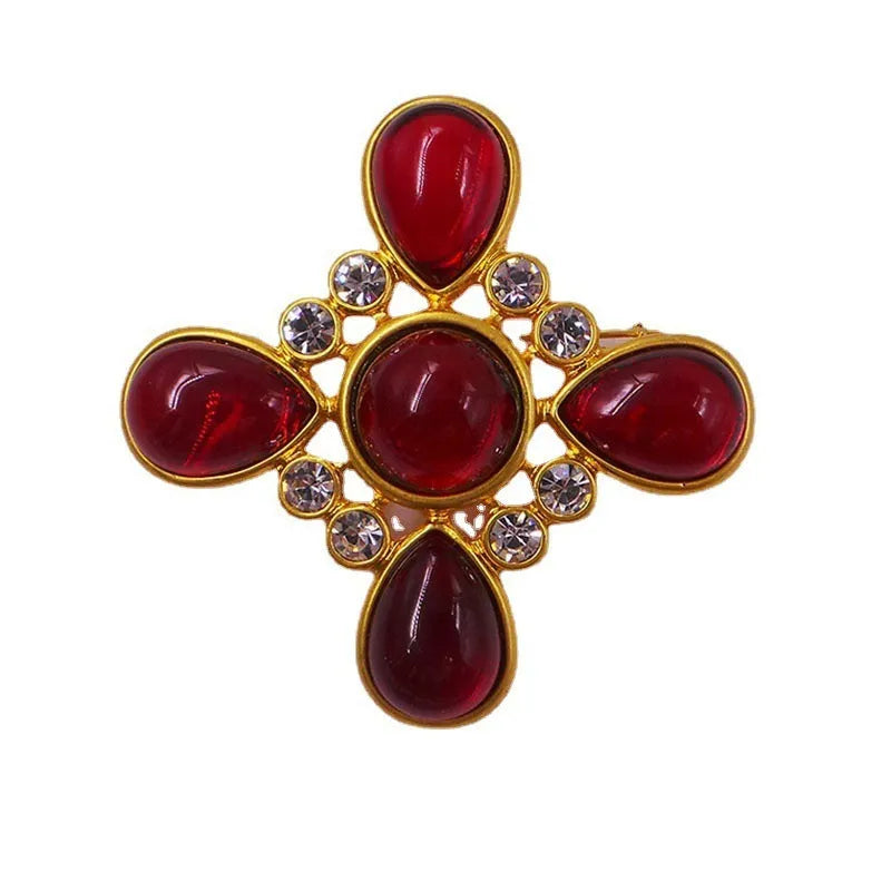 Medieval baroque cross crystal brooch in zinc alloy with retro design