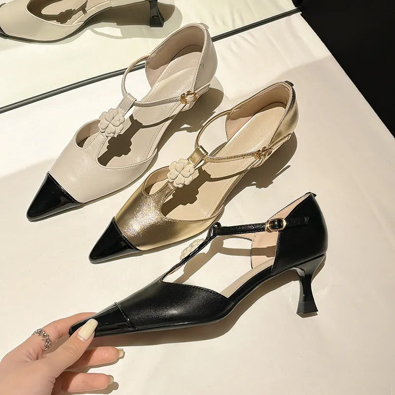 Women's gold black milky white flower stiletto heel pointed toe shoes with buckle