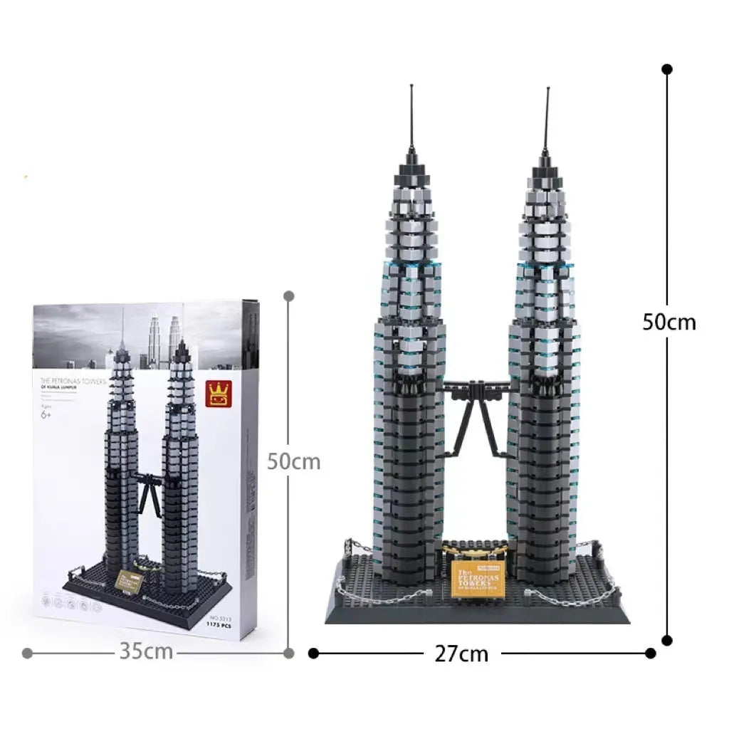 Wange building block set showing over 800 small ABS plastic pieces for constructing global landmark models.