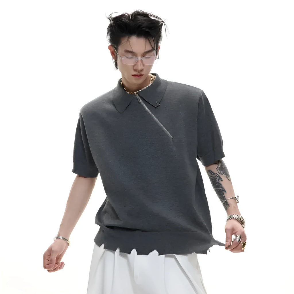 Men's ice-feeling slim-fit knitted polo shirt with oblique zipper closure in solid colour