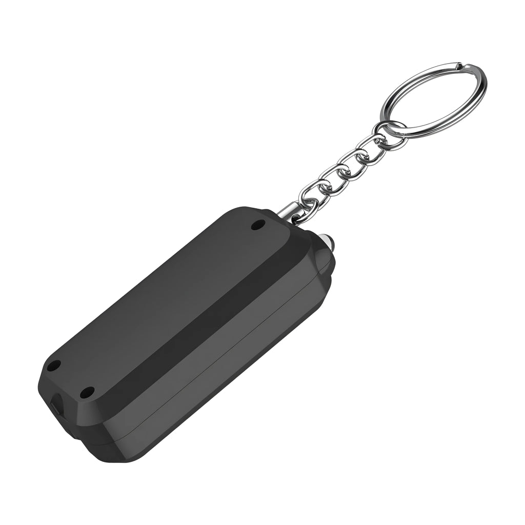 Compact pink personal safety alarm with keyring, showing dimensions next to a ruler.