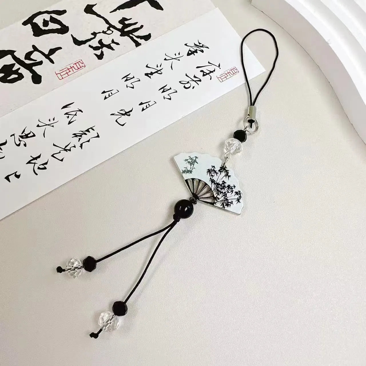 Guofeng Chinese floral bead pendant keychain with baking varnish finish in Fan colour option