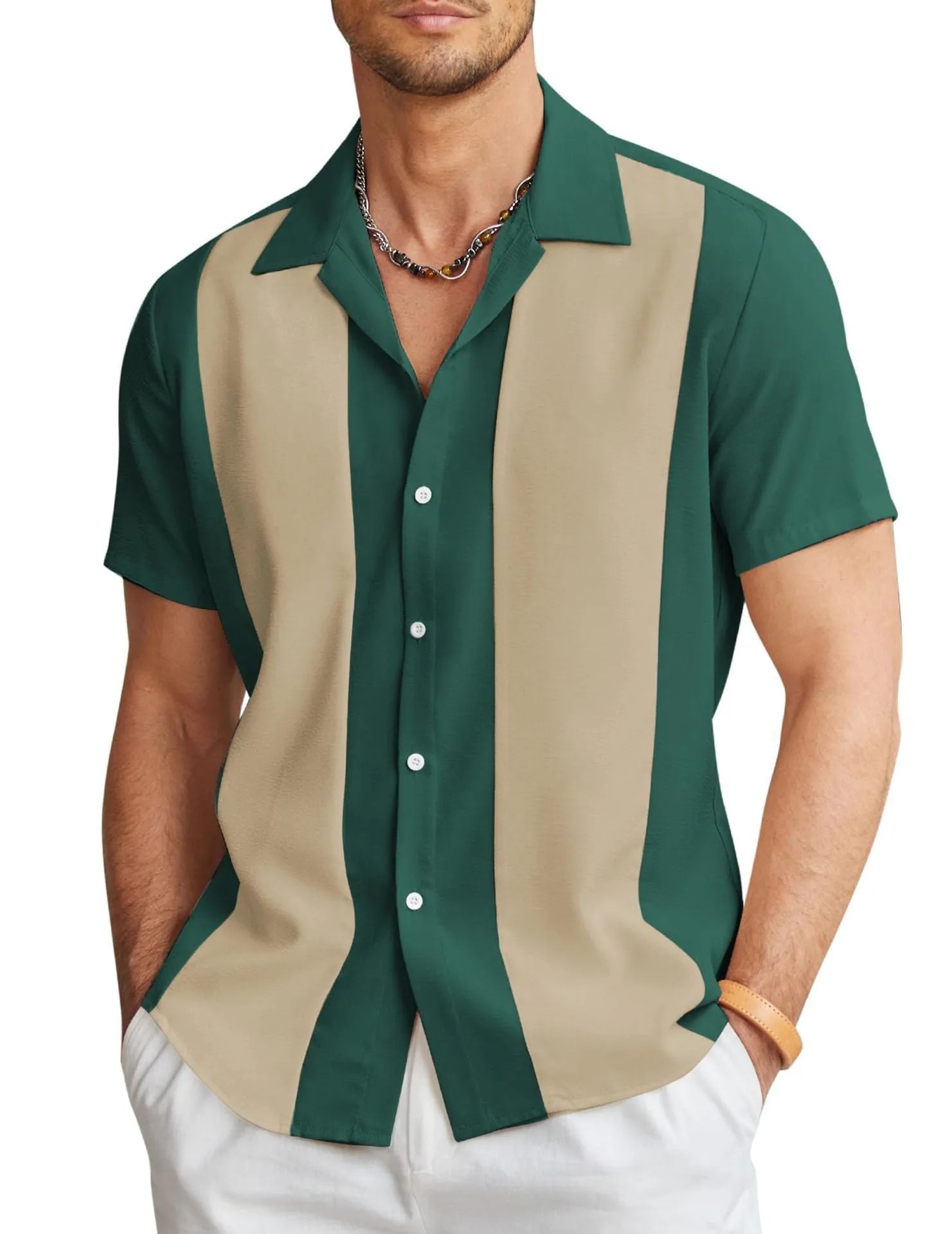 Men's slim fit Hawaiian short sleeve shirt in a digitally printed pattern.