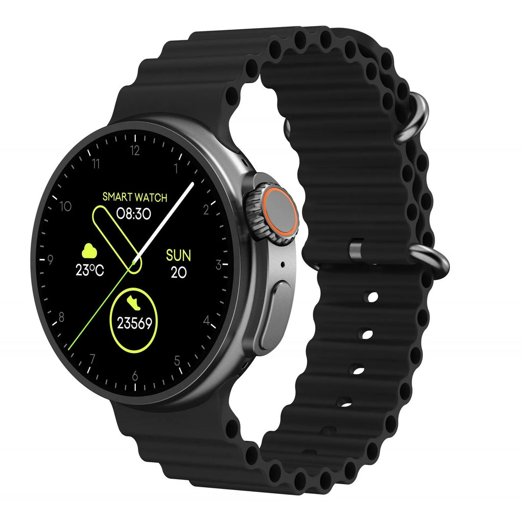 K9 smart watch with round screen and silicone strap, showing health stats and NFC payment icon on display.
