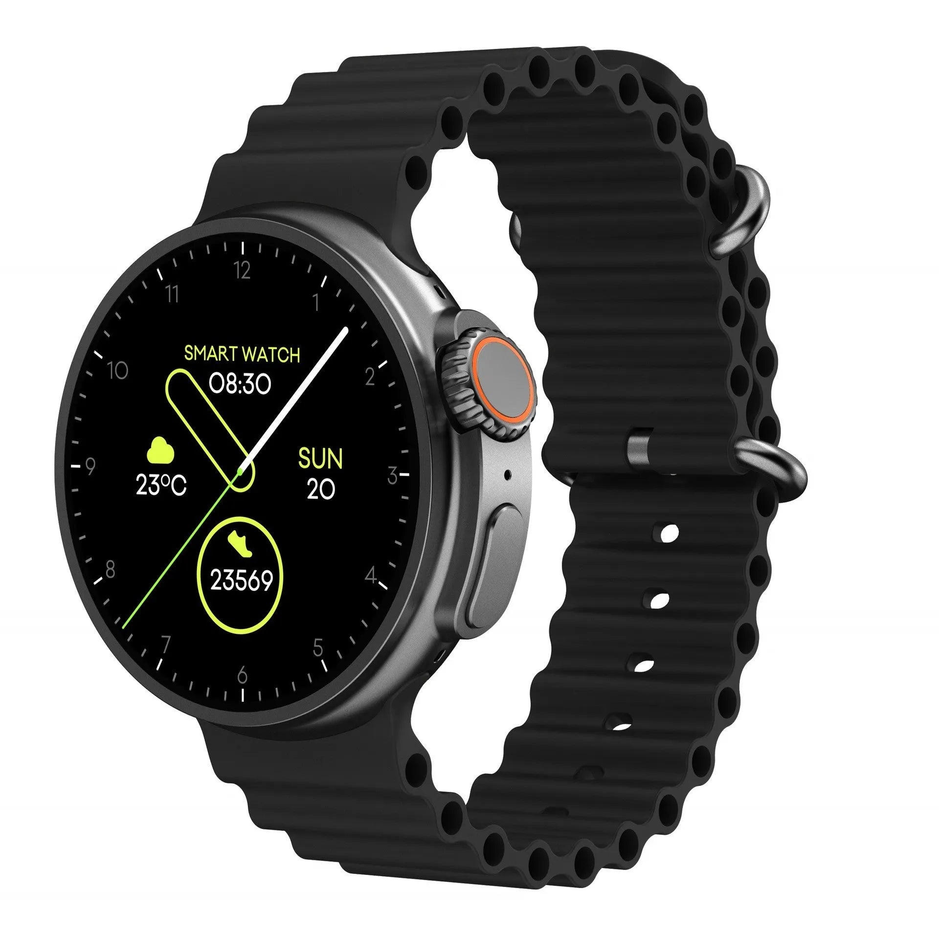 K9 smart watch with round screen and silicone strap, showing health stats and NFC payment icon on display.