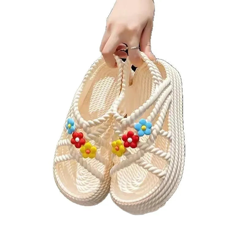 Women's beige PVC sandals with sunflower decoration and non-slip soles