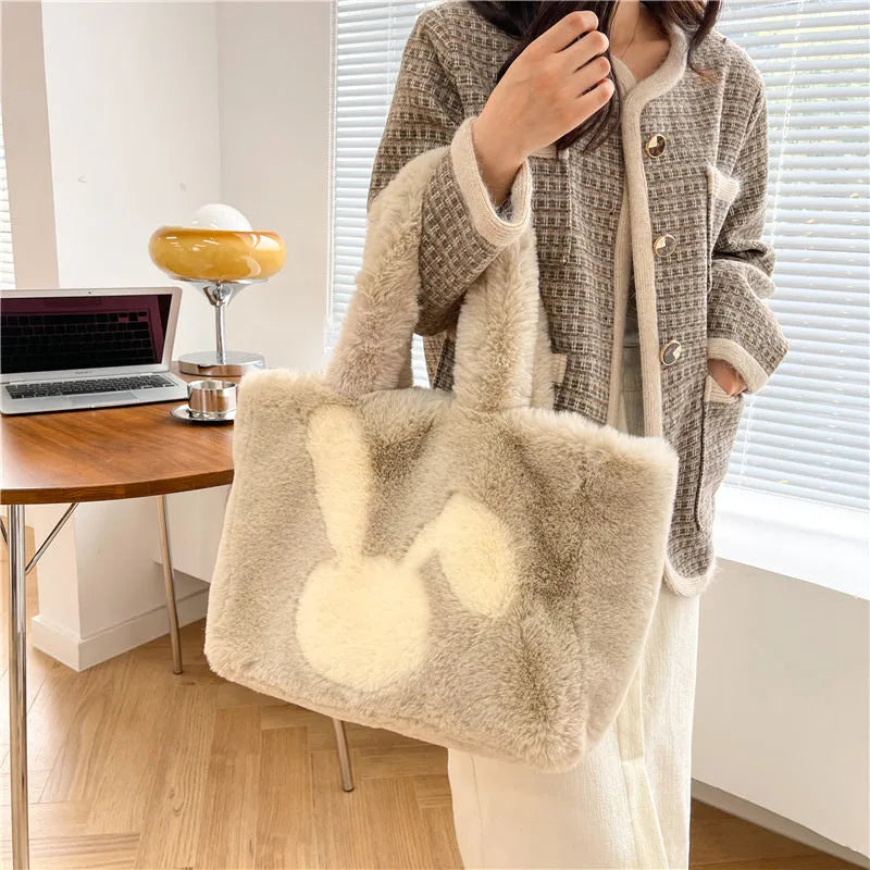 Cartoon rabbit ears plush shoulder bag in large tote style
