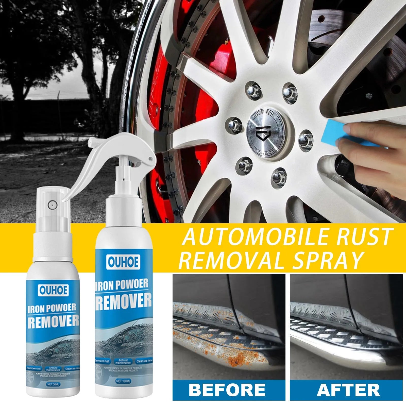 Car iron powder rust remover spray bottle with blue sponge and towel on a car surface.