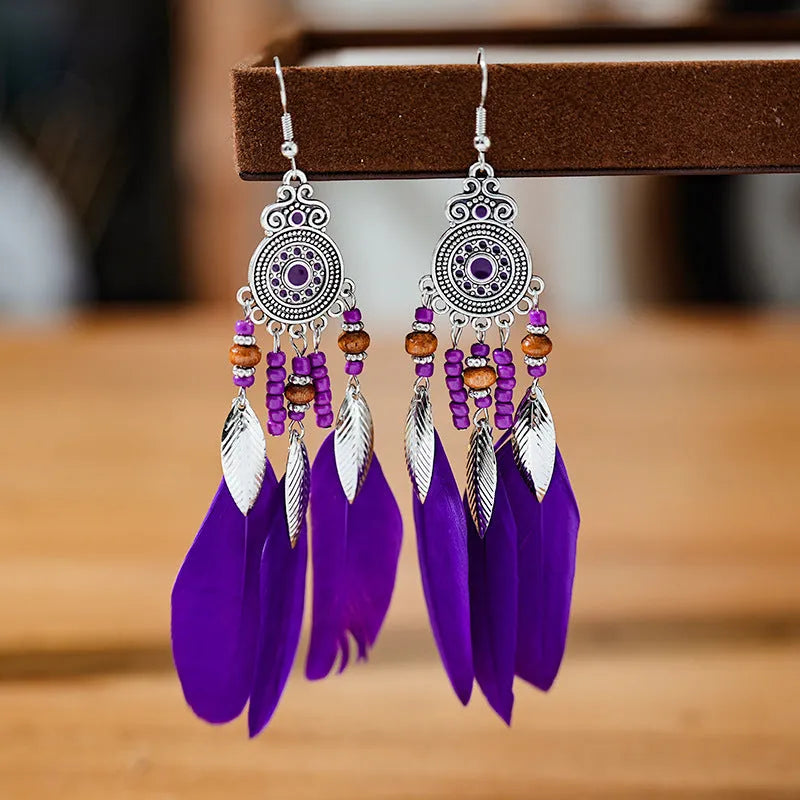 Round drop feather earrings with leaf pattern in Bohemian style, electroplated alloy in various colour options
