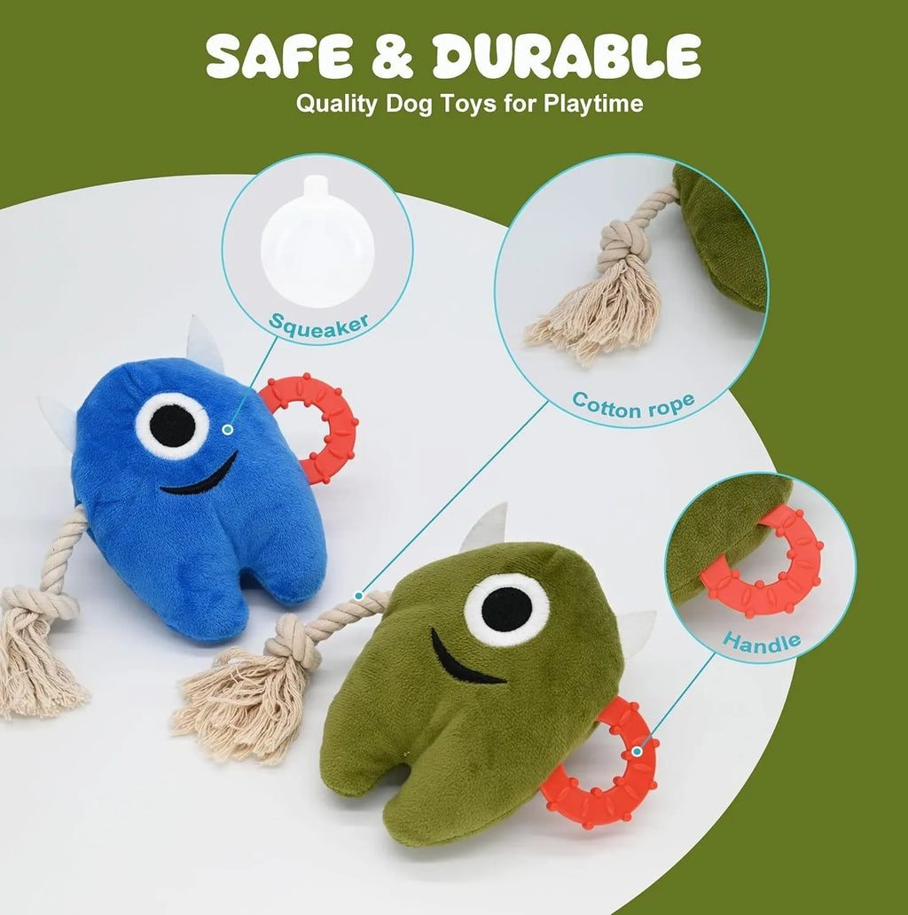 Blue and green plush monster dog toy with integrated cotton rope tug element and squeaker
