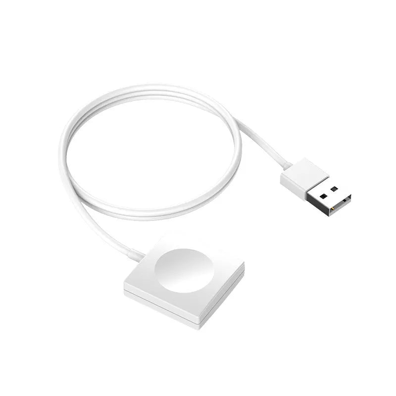 Portable wireless charger dock for Apple Watch in white, with USB cable and compact ABS body