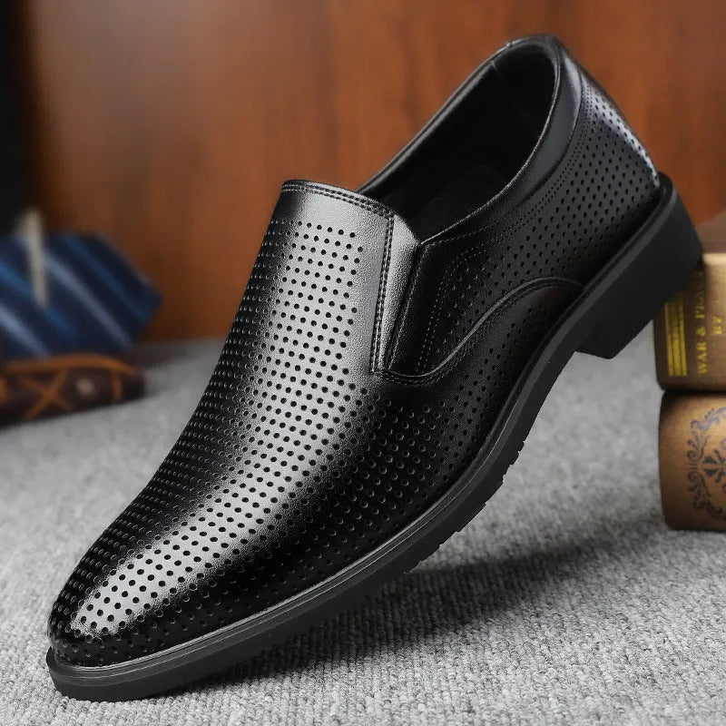 Men's black business casual slip-on leather shoes with a low-top design and rubber sole