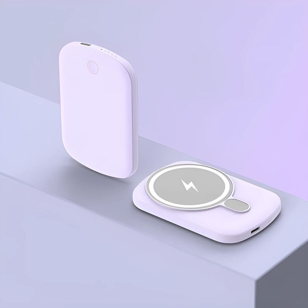 Magsafe magnetic wireless power bank in black, pink, white, or purple colour options showing front view.